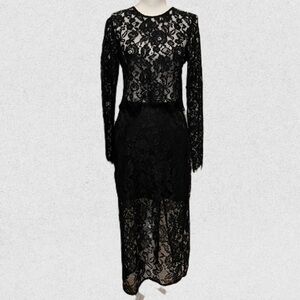Jason Wu Black Lace Two-Piece Set | Long Sleeve Crop Top + Midi Skirt | Size 10